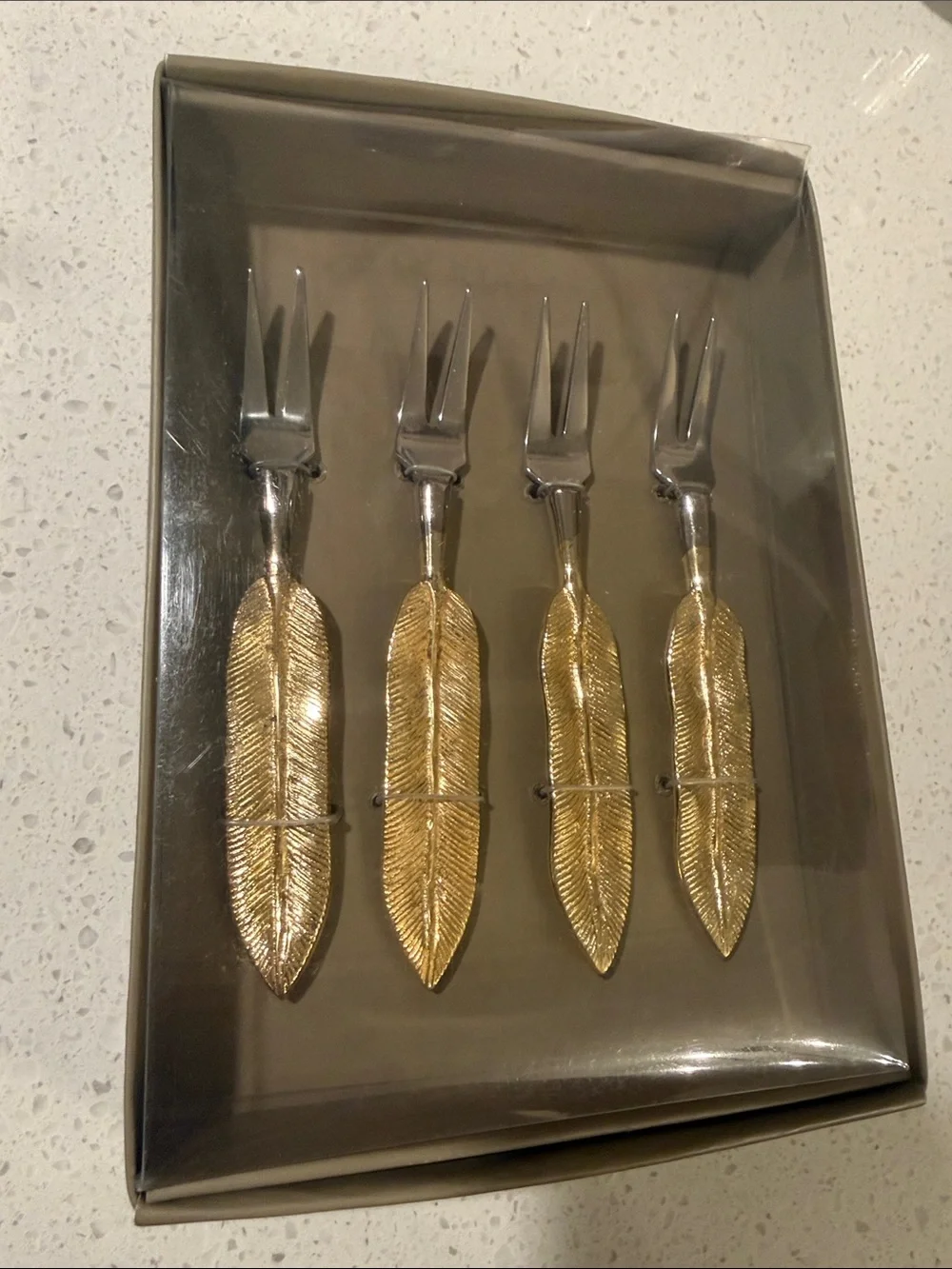 Object d' Arts Gold Feather Cocktail Forks Set of 4 Appetizer Silver Tines NWT